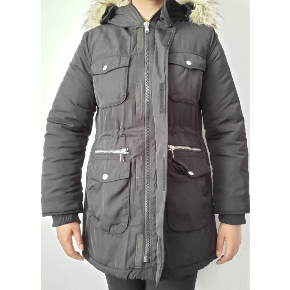 Coat, faux fur hood, Black, Size Small